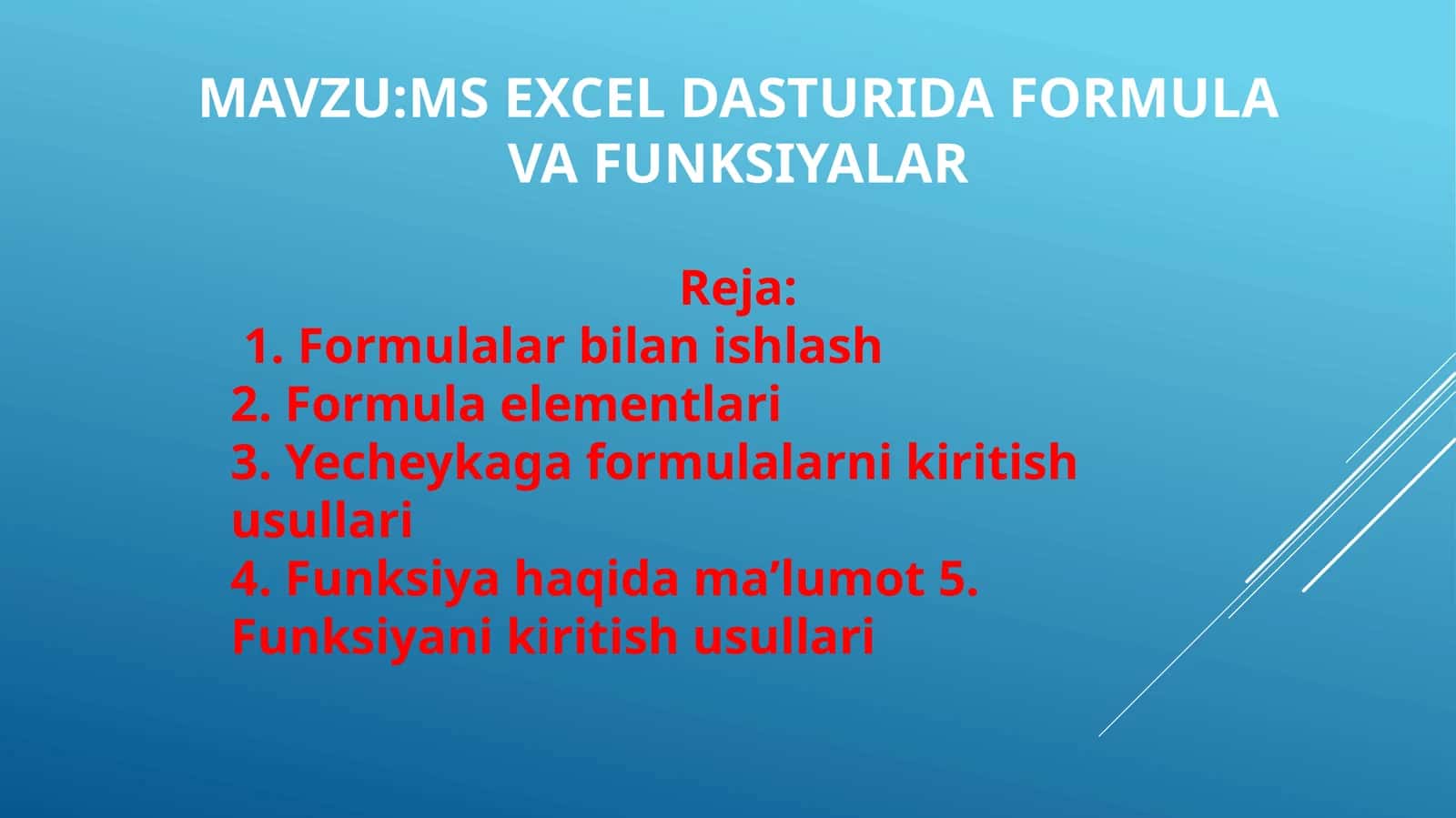 EXCEL dasturida funksiya va formulalar
