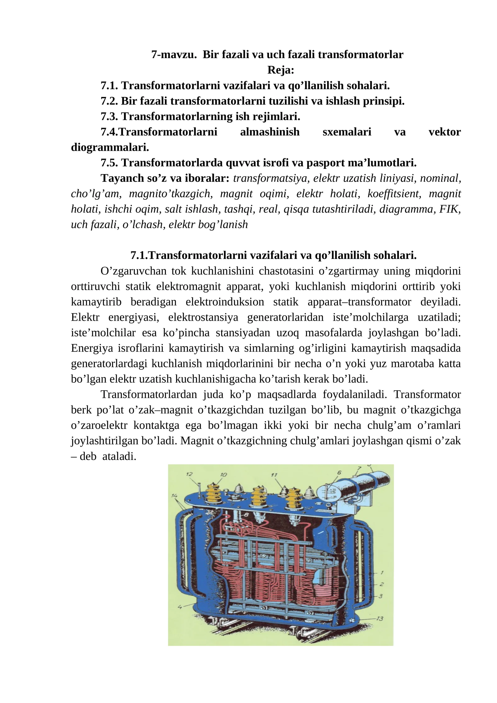 Bir fazali va uch fazali transformatorlar