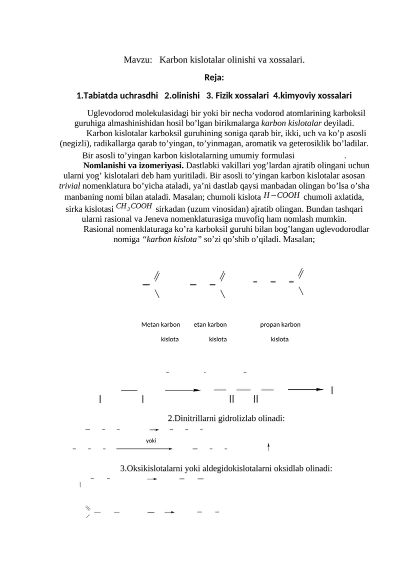 Karbon kislotalar olinishi va xossalari