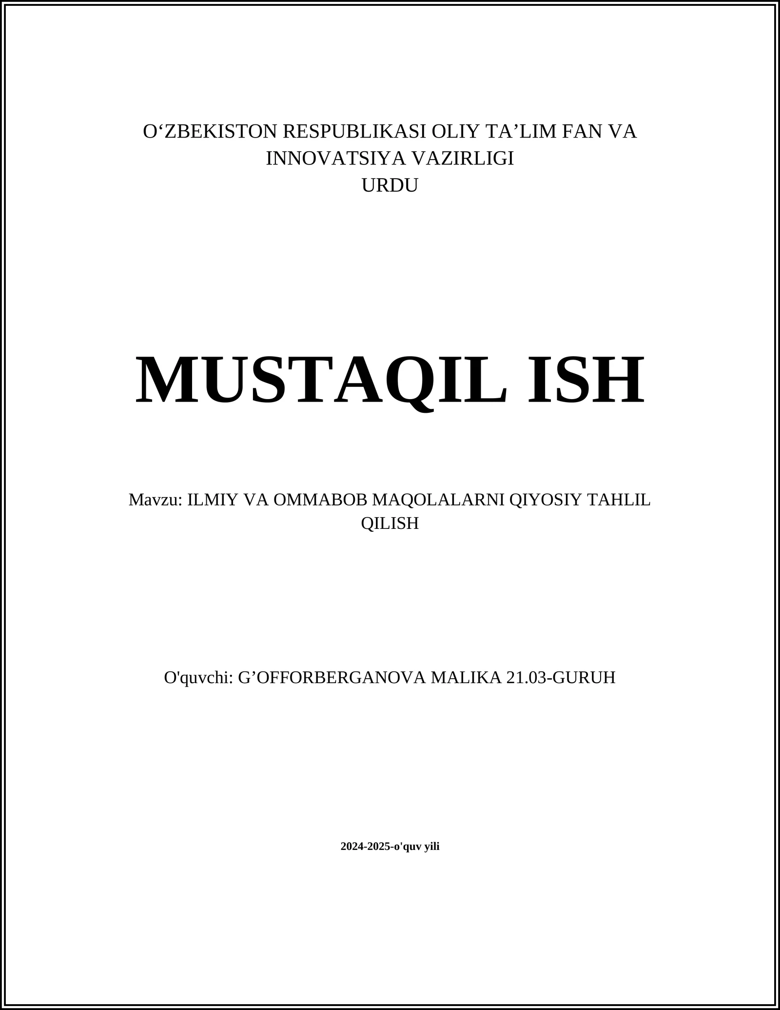 ILMIY VA OMMABOB MAQOLALARNI QIYOSIY TAHLIL QILISH