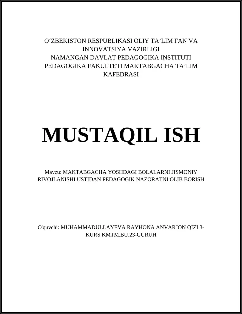 Maktabgacha Yoshdagi Bolalarning Jismoniy Rivojlanishi Ustida Pedagogik Nazorat