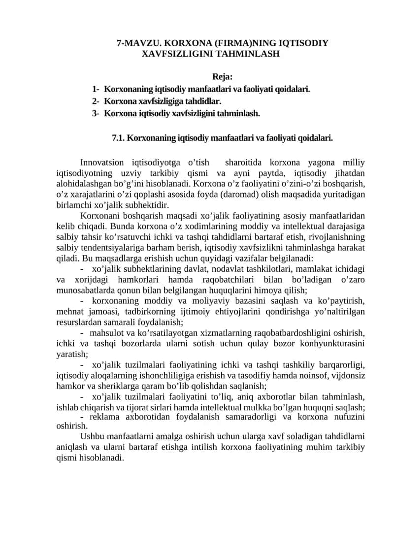 KORXONA (FIRMA)NING IQTISODIY XAVFSIZLIGINI TAHMINLASH