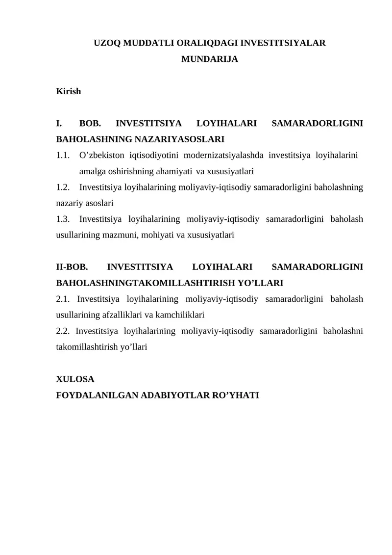 Investitsiya loyihalarini amalga oshirishning ahamiyati