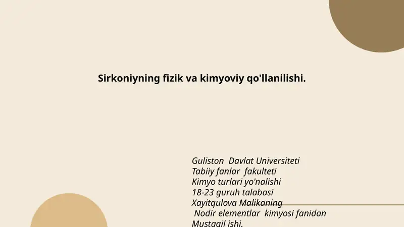 Nodir elementlar kimyosi fanidan Mustaqil ish
