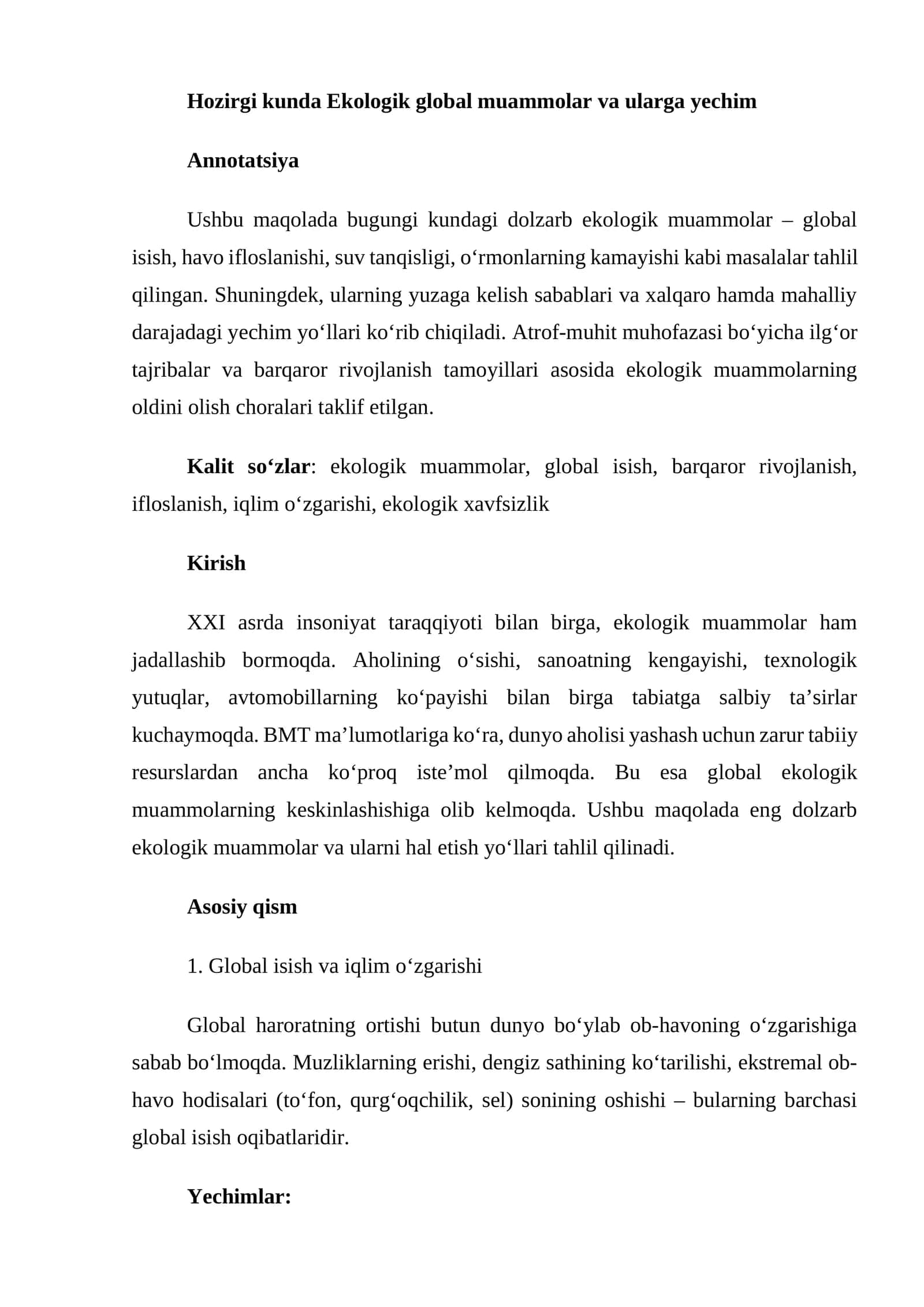 Ekologik global muammolar va ularga yechim