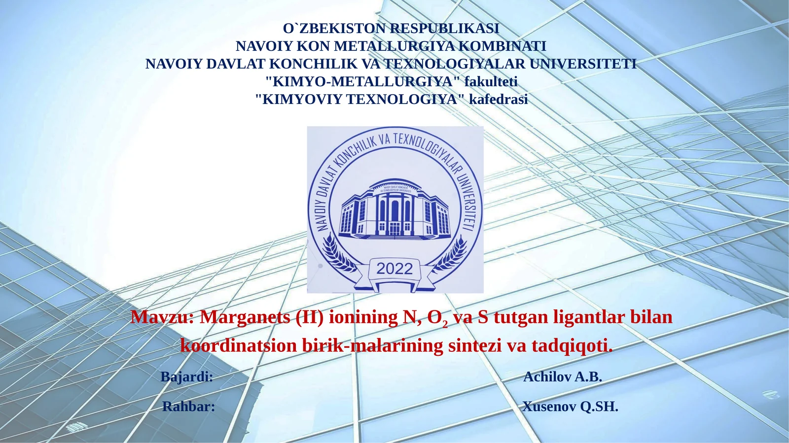 Marganets(II)ionining N, O2 va Stutganligan tlar bilan koordinatsion birik-malari ning sintezivati addqiqoti