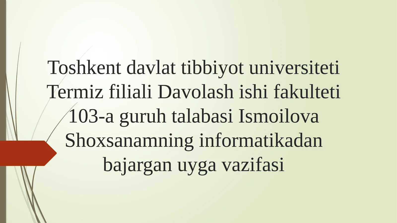 Toshkent davlat tibbiyot universiteti Termiz filiali Davolash ishi fakulteti 103-a guruhi talabasi Ismoilova Shoxsanamning informatika dan bajargan uy vazifasi