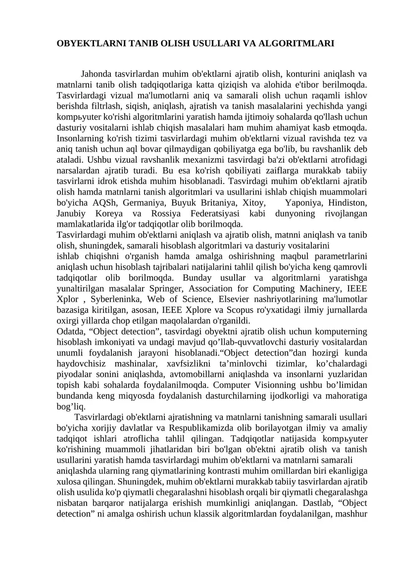 Obyektlarni tanib olish usullari va algoritmlari