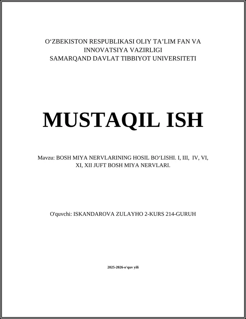 Bosh miya nervlarining hosil bo‘lishi