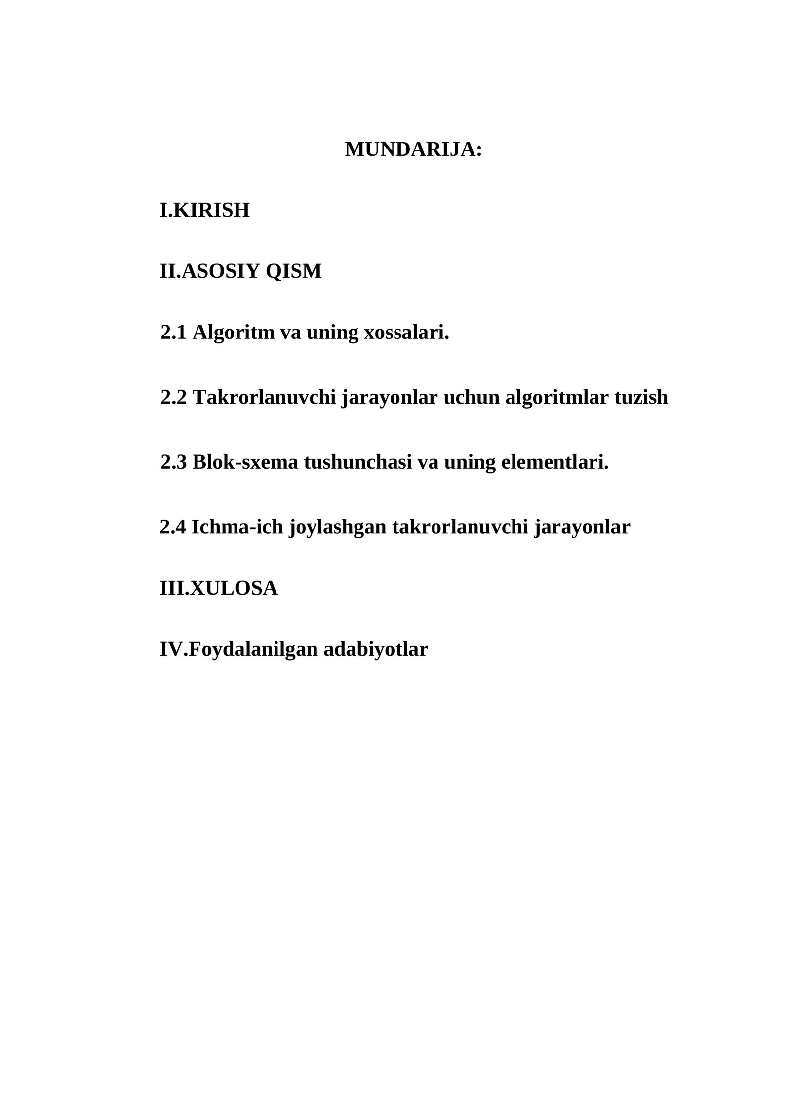Algoritm va uning xossalari. Takrorlanuvchi jarayonlar uchun algoritmlar tuzish. Blok-sxеma tushunchasi va uning elеmеntlari. Ichma-ich joylashgan takrorlanuvchi jarayonlar