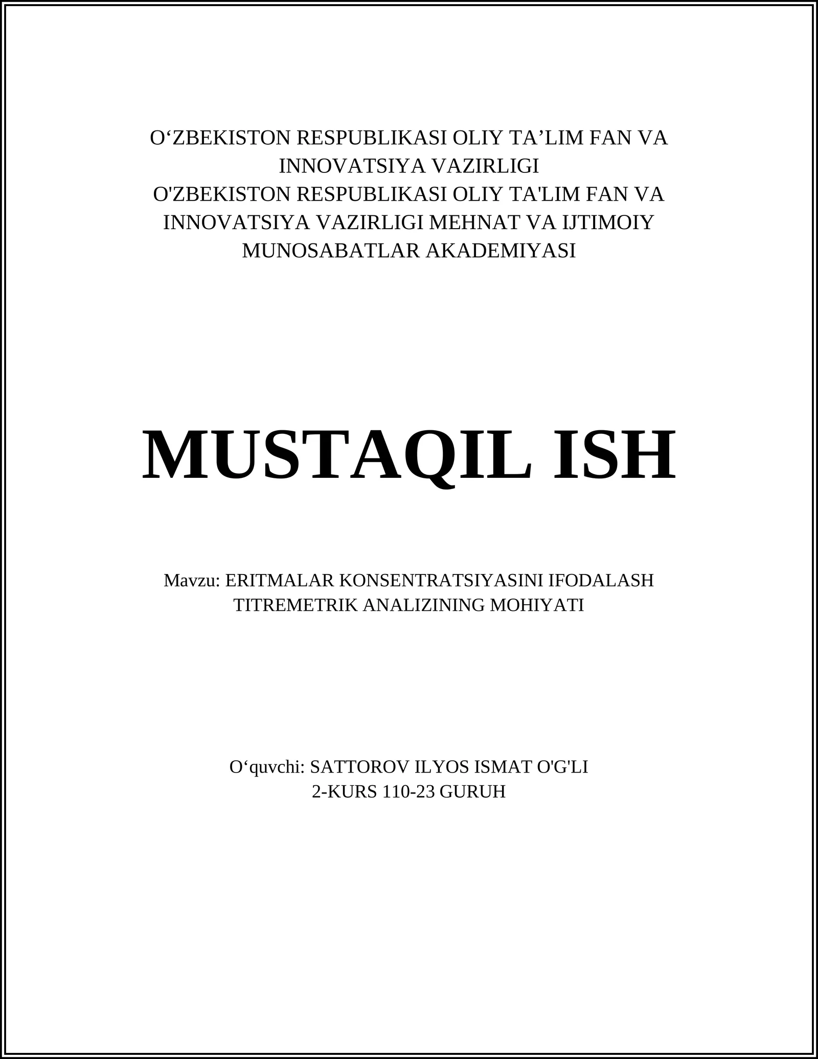 ERITMALAR KONSENTRATSIYASINI IFODALASH TITREMETRIK ANALIZINING MOHIYATI