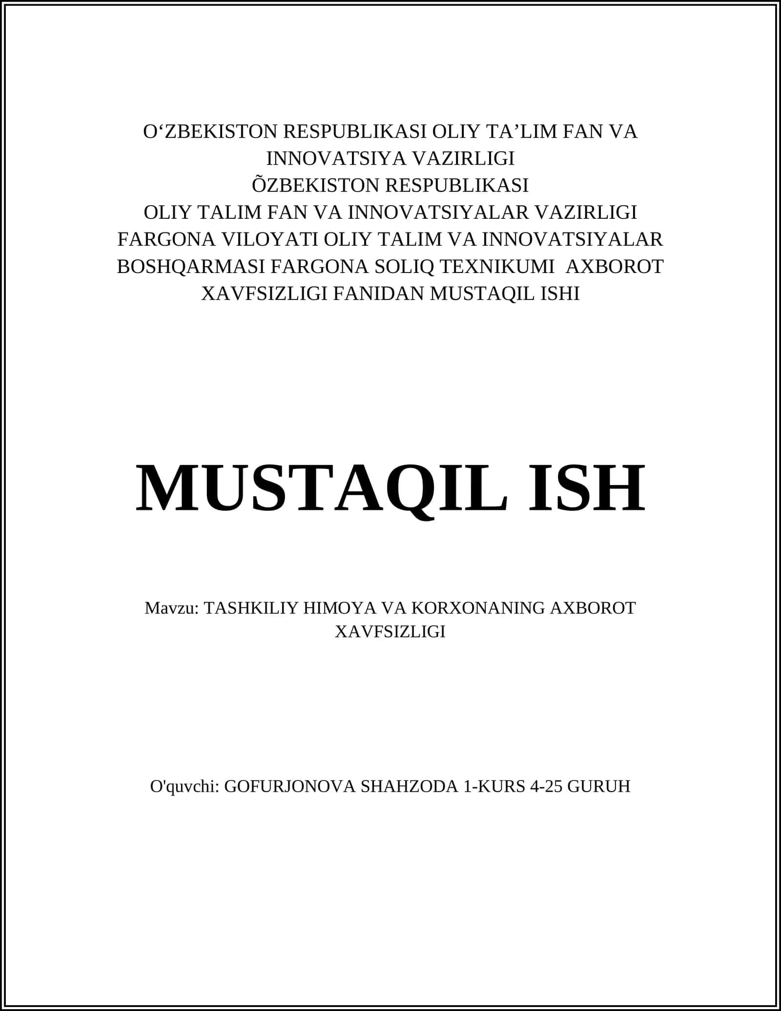 TASHKILIY HIMOYA VA KORXONANING AXBOROT XAVFSIZLIGI