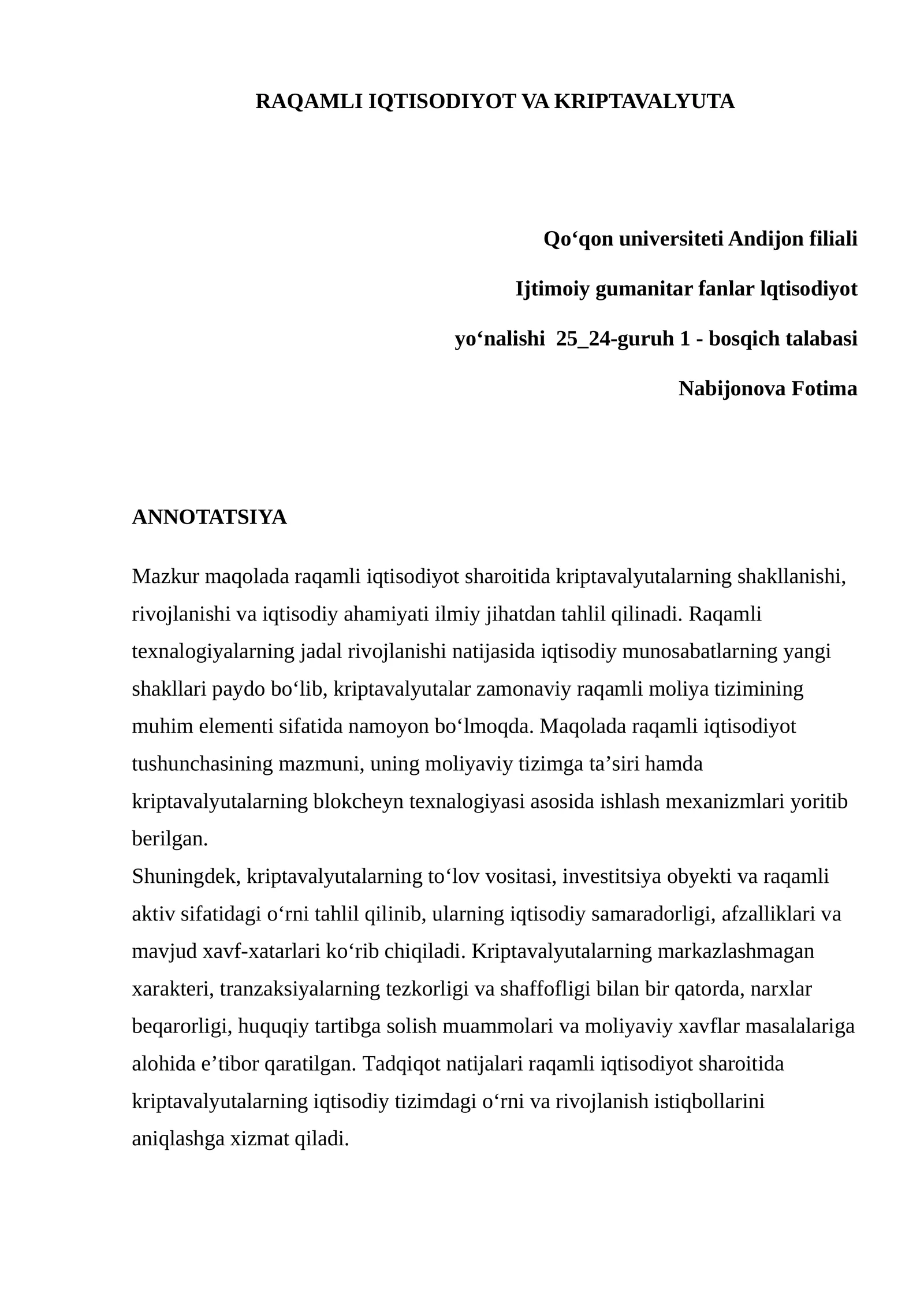 RAQAMLI IQTISODIYOT VA KRIPTAVALYUTA