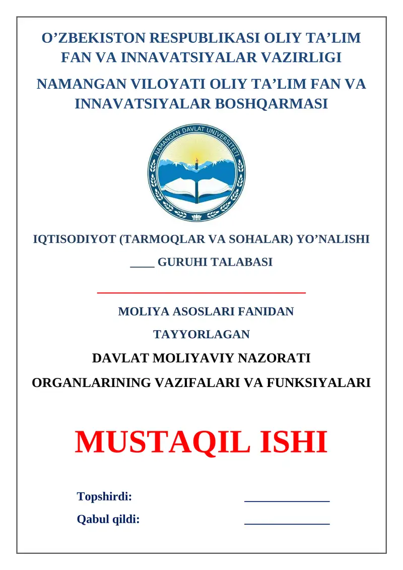 Davlat moliyaviy nazorati organlarining vazifalari va funksiyalari
