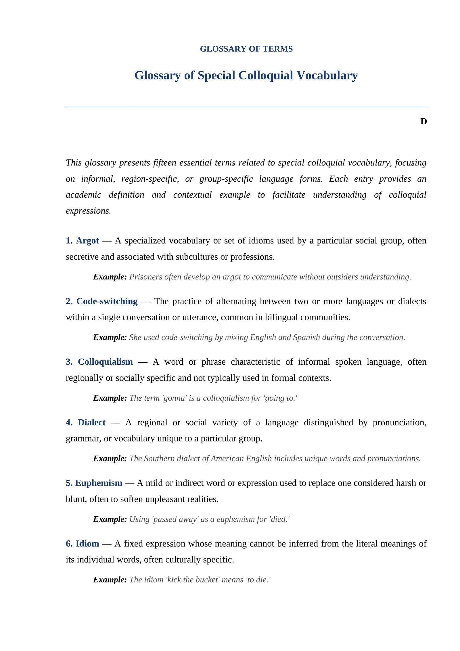 Glossary of Special Colloquial Vocabulary