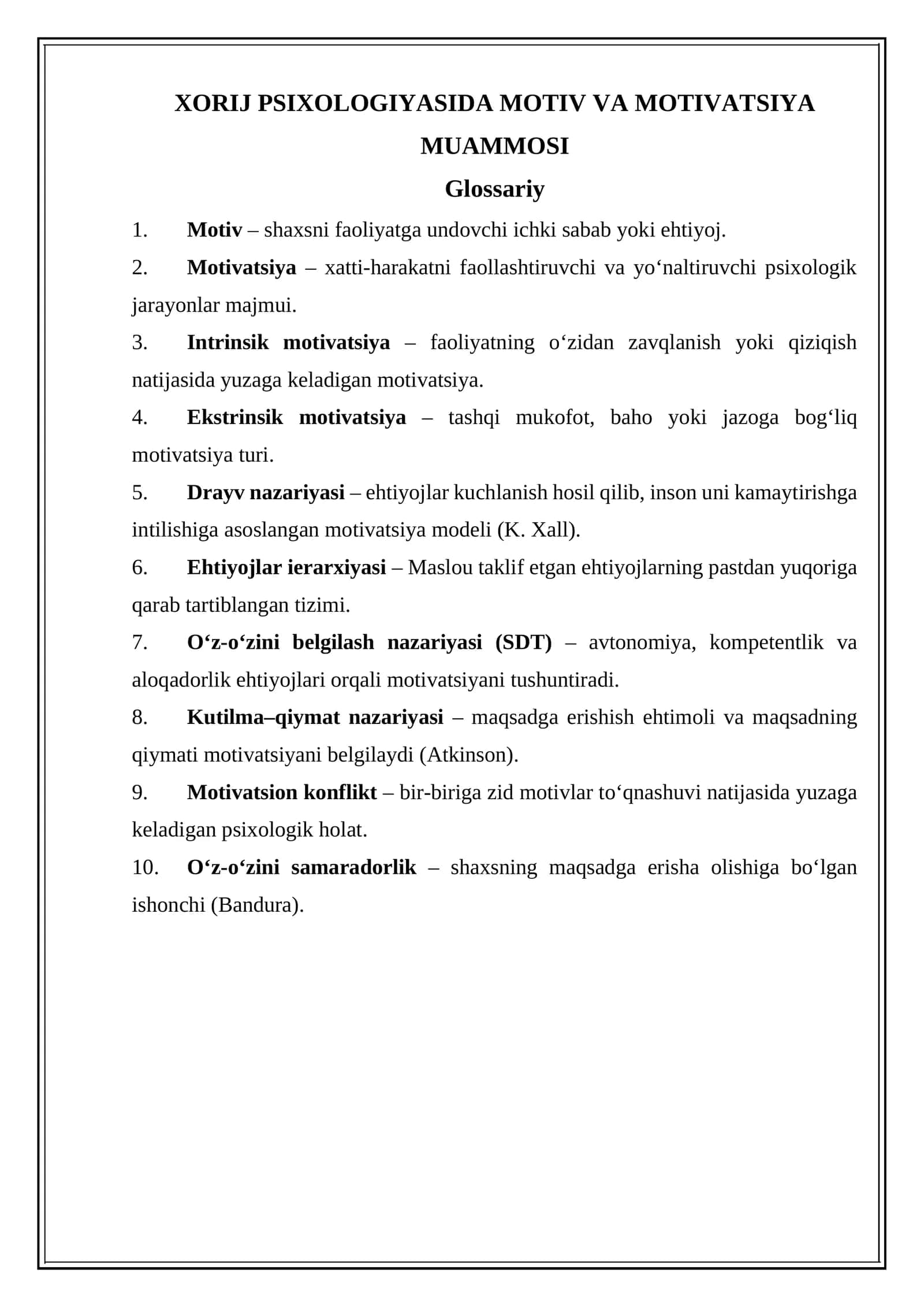 XORIJ PSIXOLOGIYASIDA MOTIV VA MOTIVATSIYA MUAMMOSI