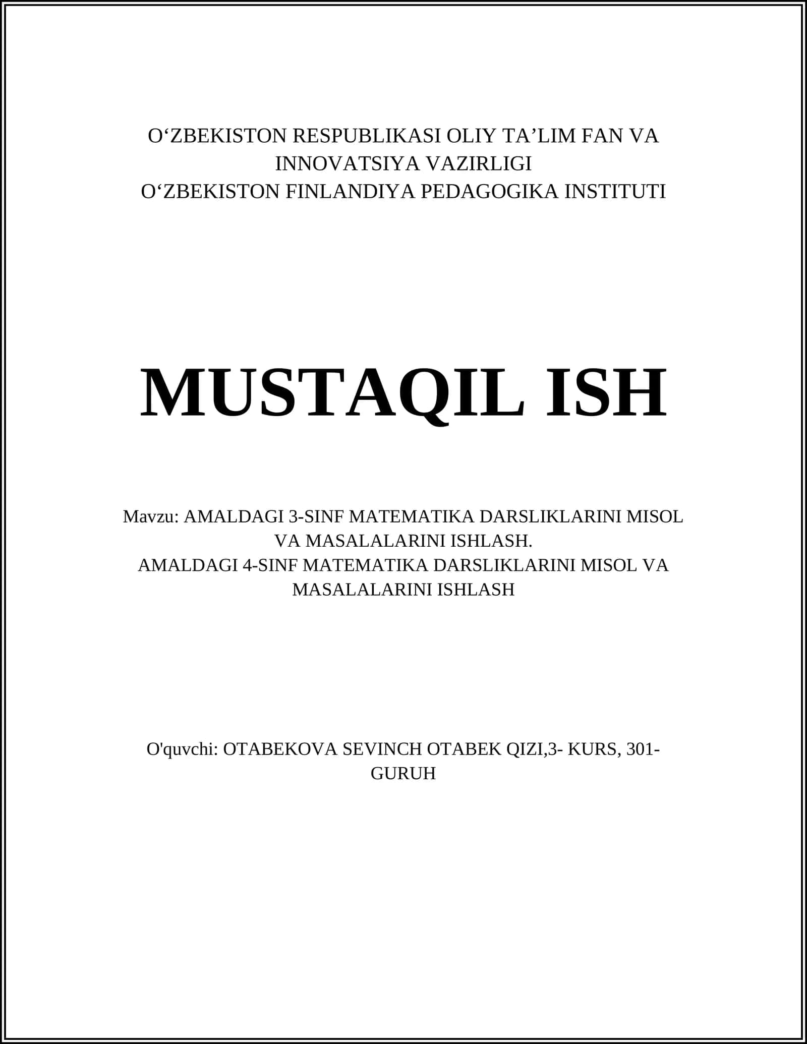 AMALDAGI 3-SINF MATEMATIKA DARSLIKLARINI MISOL VA MASALALARINI ISHLASH