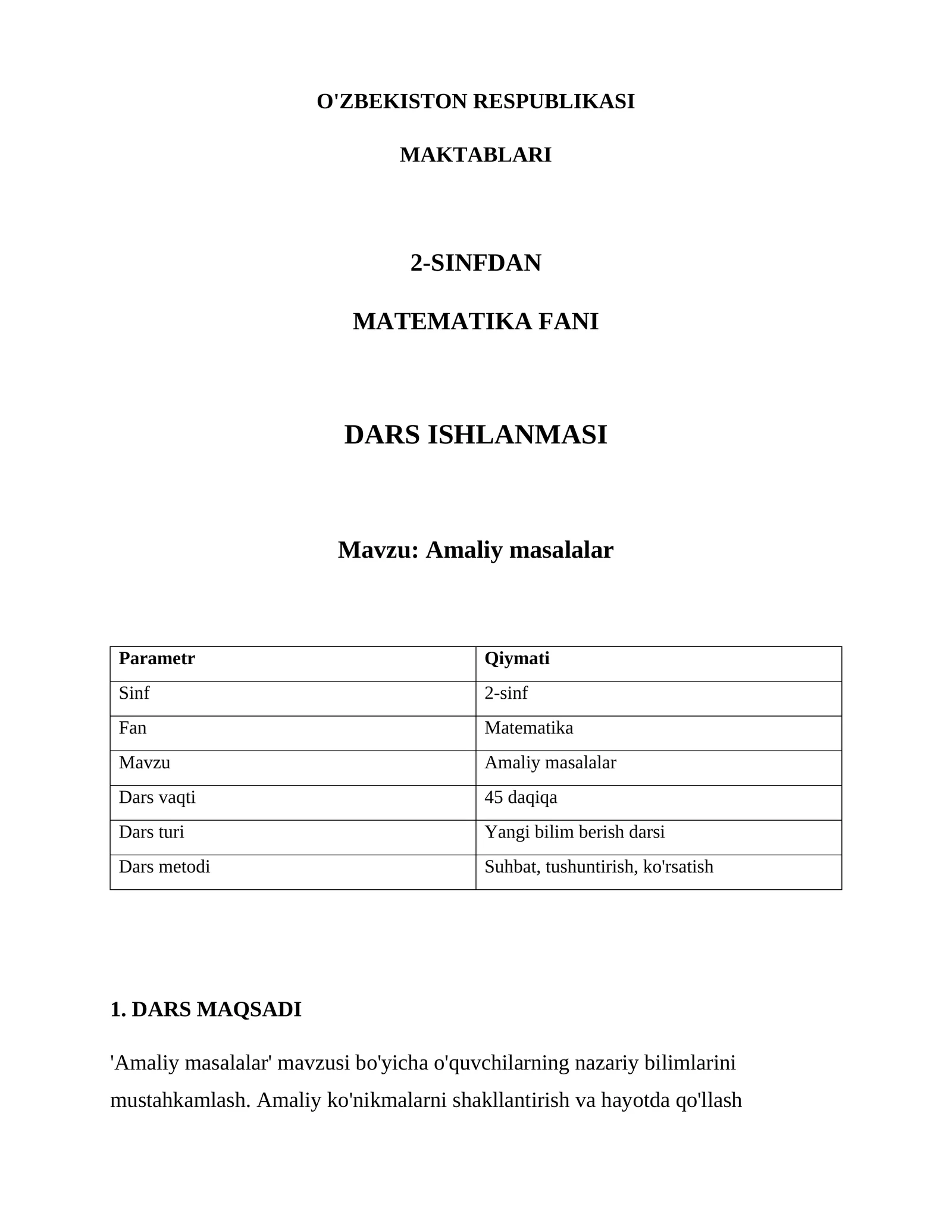 2-Sinfdan Matematika Fanida Dars Ishlanmasi