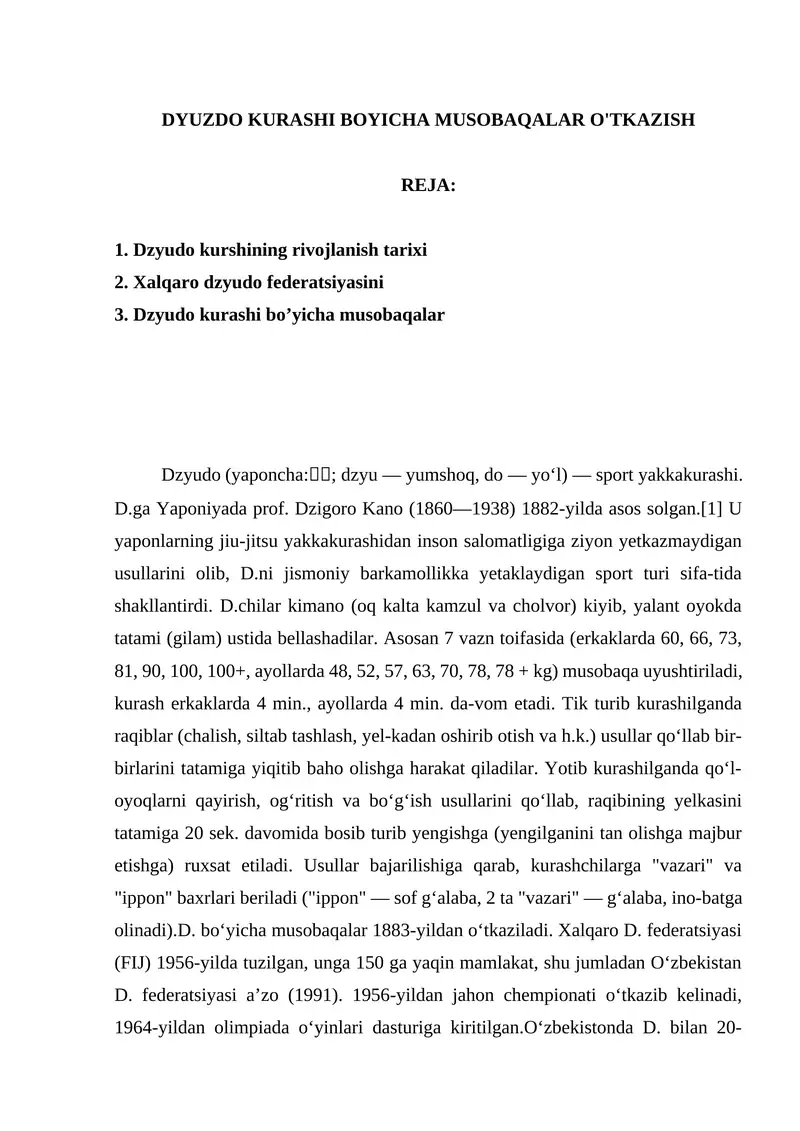 Dzyudo Kurashi Boyicha Musobaqalar O'tkazish