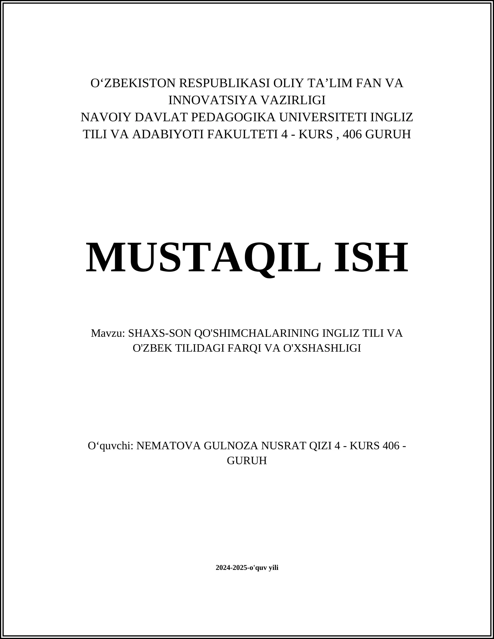 SHAXS-SON QO'SHIMCHALARINING INGLIZ TILI VA O'ZBEK TILIDAGI FARQI VA O'XSHASHLIGI