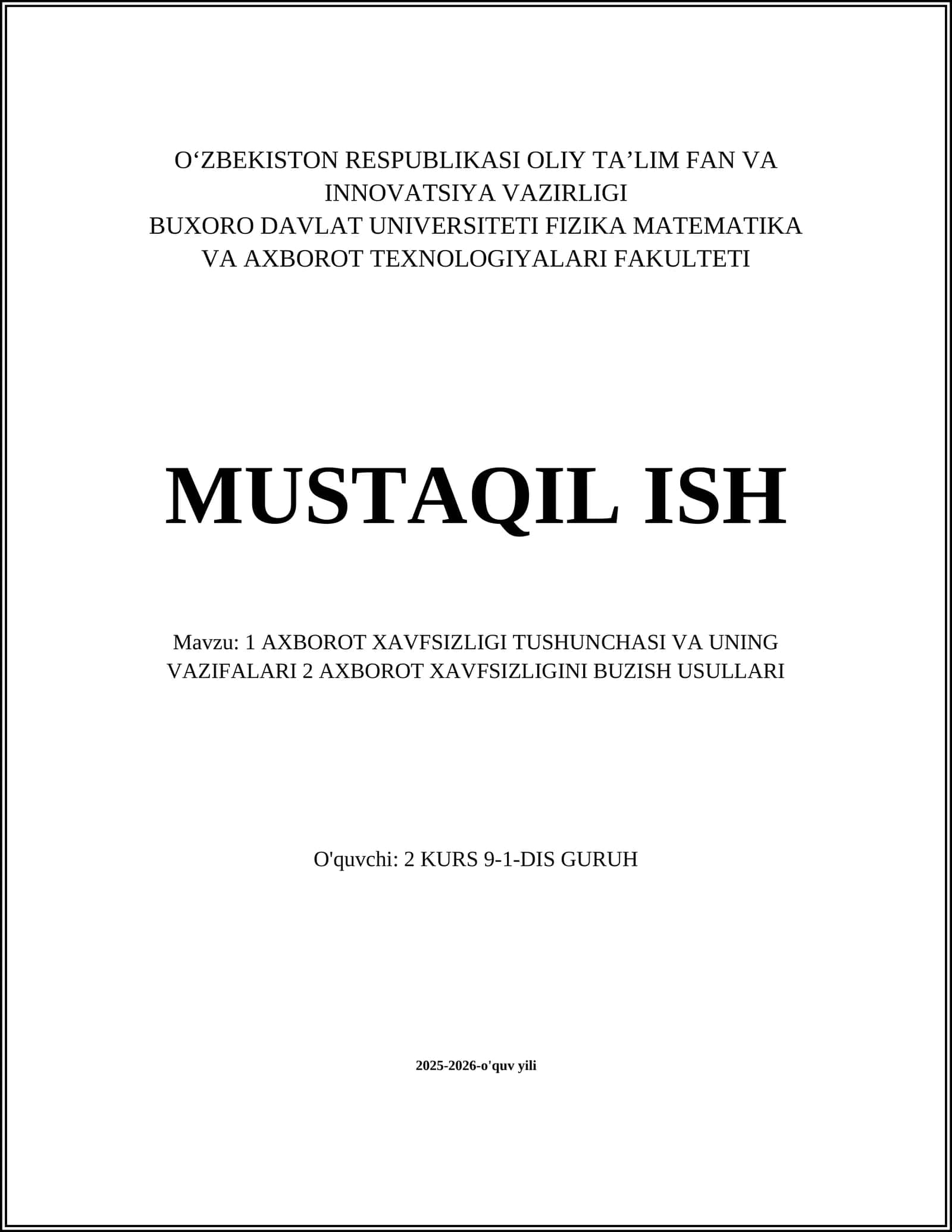 Axborot Xavfsizligi Tushunchasi va Vazifalari