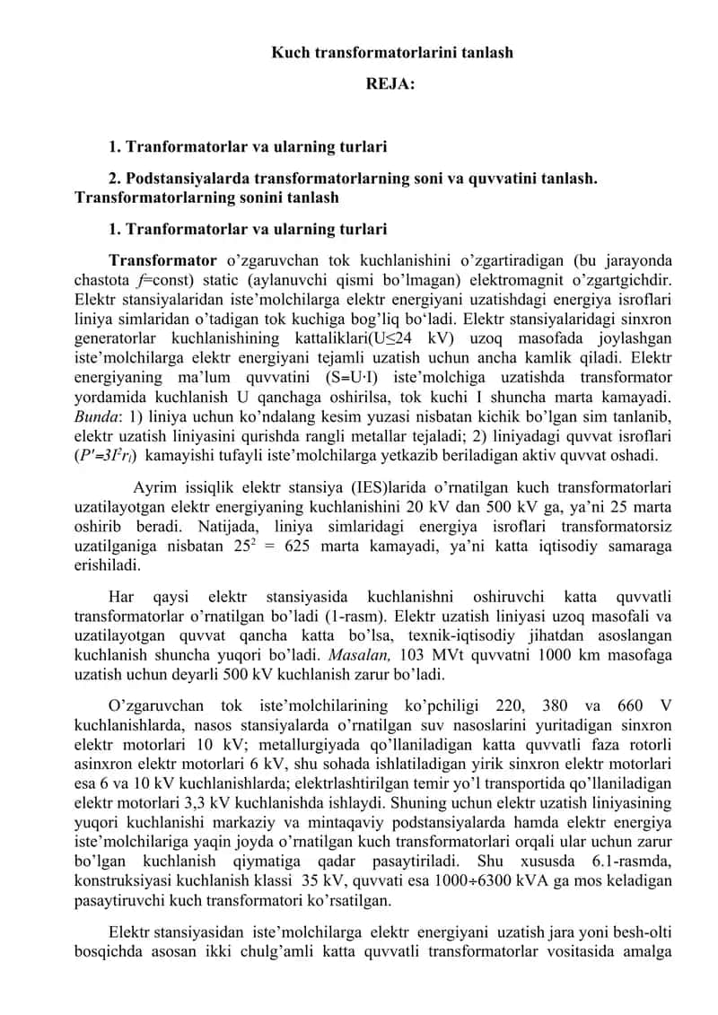 Kuch transformatorlarini tanlash