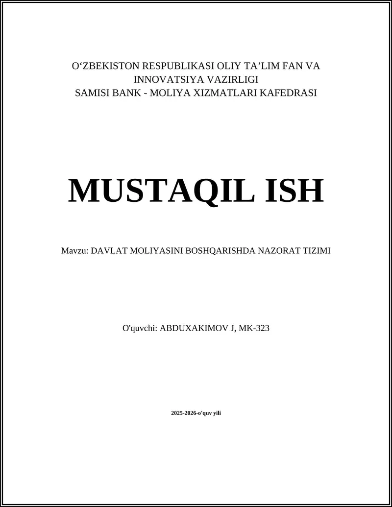 DAVLAT MOLIYASINI BOSHQARISHDA NAZORAT TIZIMI