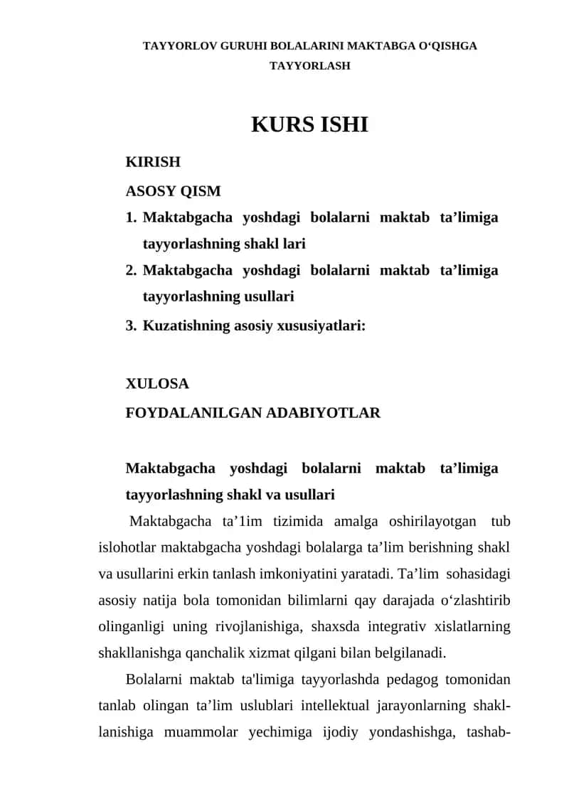 Bolalarini maktabga o‘qishga tayyorgarlik kursi