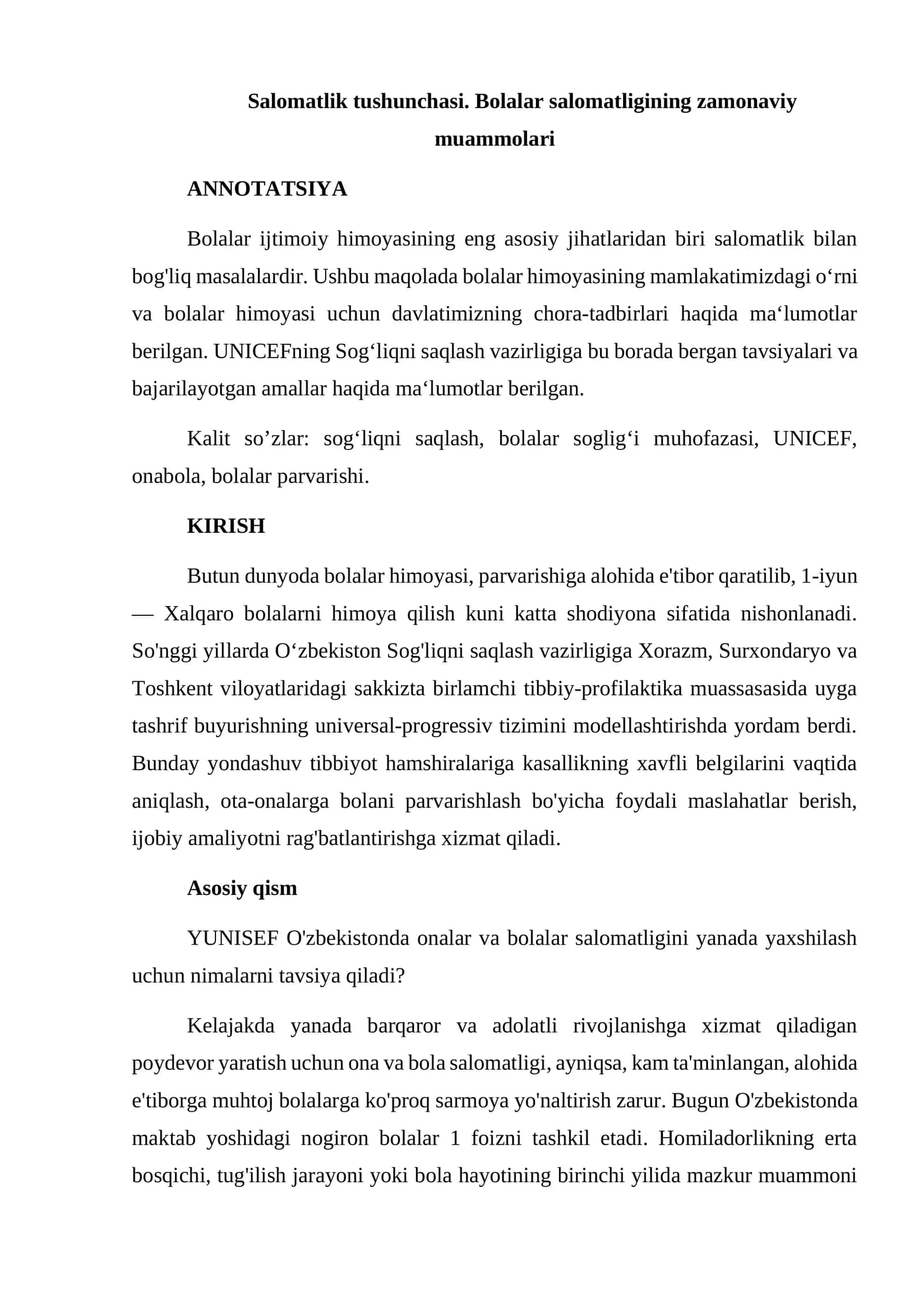 Salomatlik tushunchasi. Bolalar salomatligining zamonaviy muammolari