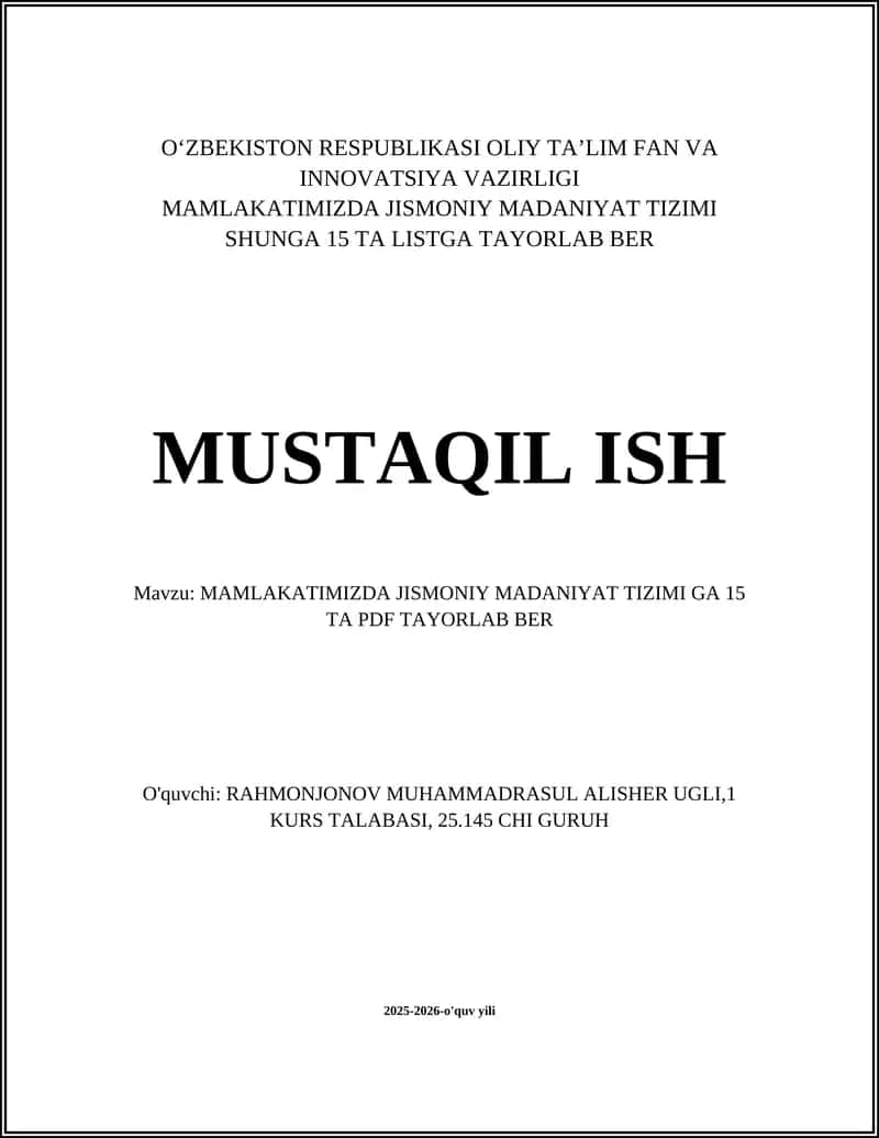 Jismoniy madaniyat tizimini baholash uchun ma'lumotlar