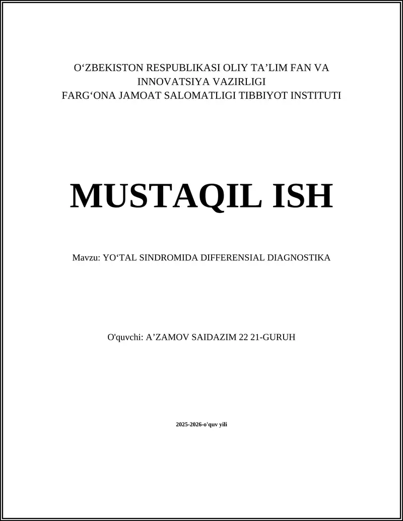 YOʻTAL SINDROMIDA DIFFERENSIAL DIAGNOSTIKA