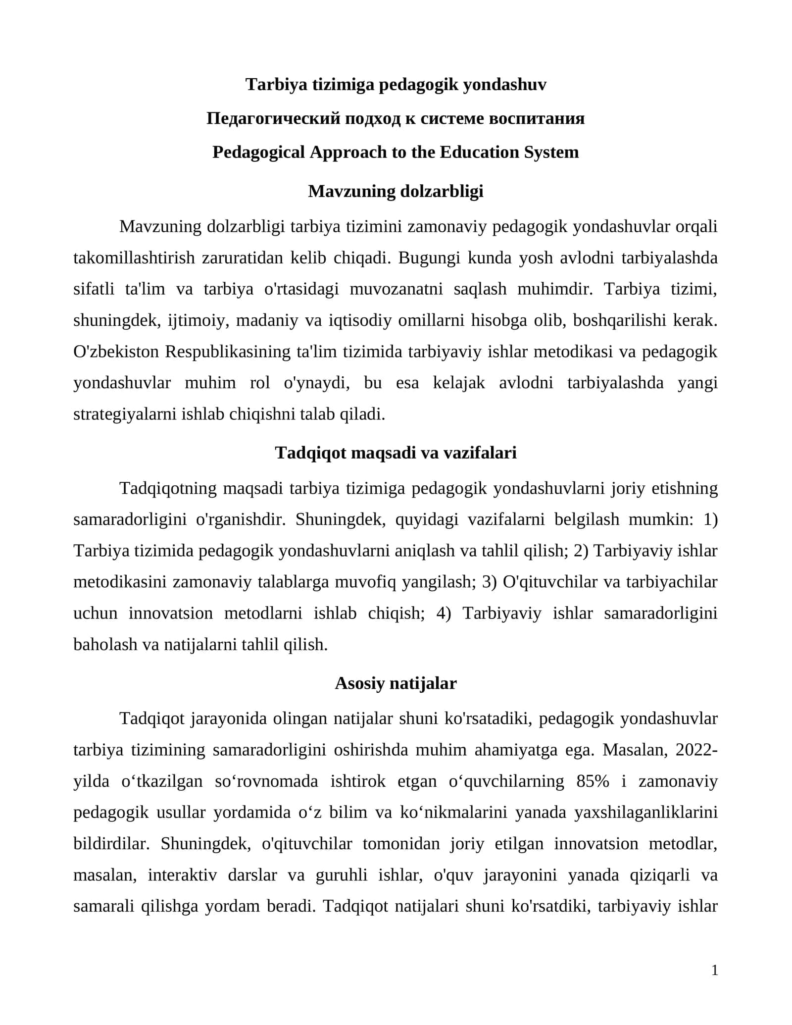 Tarbiya tizimiga pedagogik yondashuv