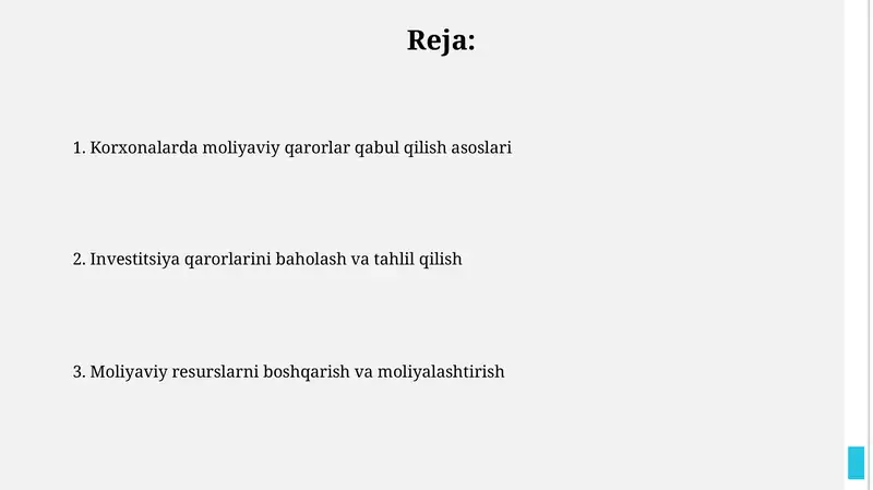 Korxonalarda moliyaviy qarorlar qabul qilish asoslari