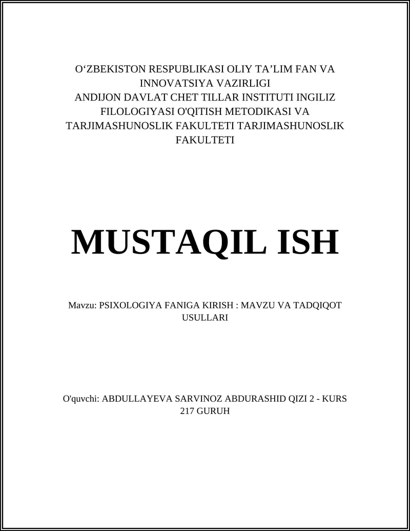 Psixologiya fanining obyekti va predmeti