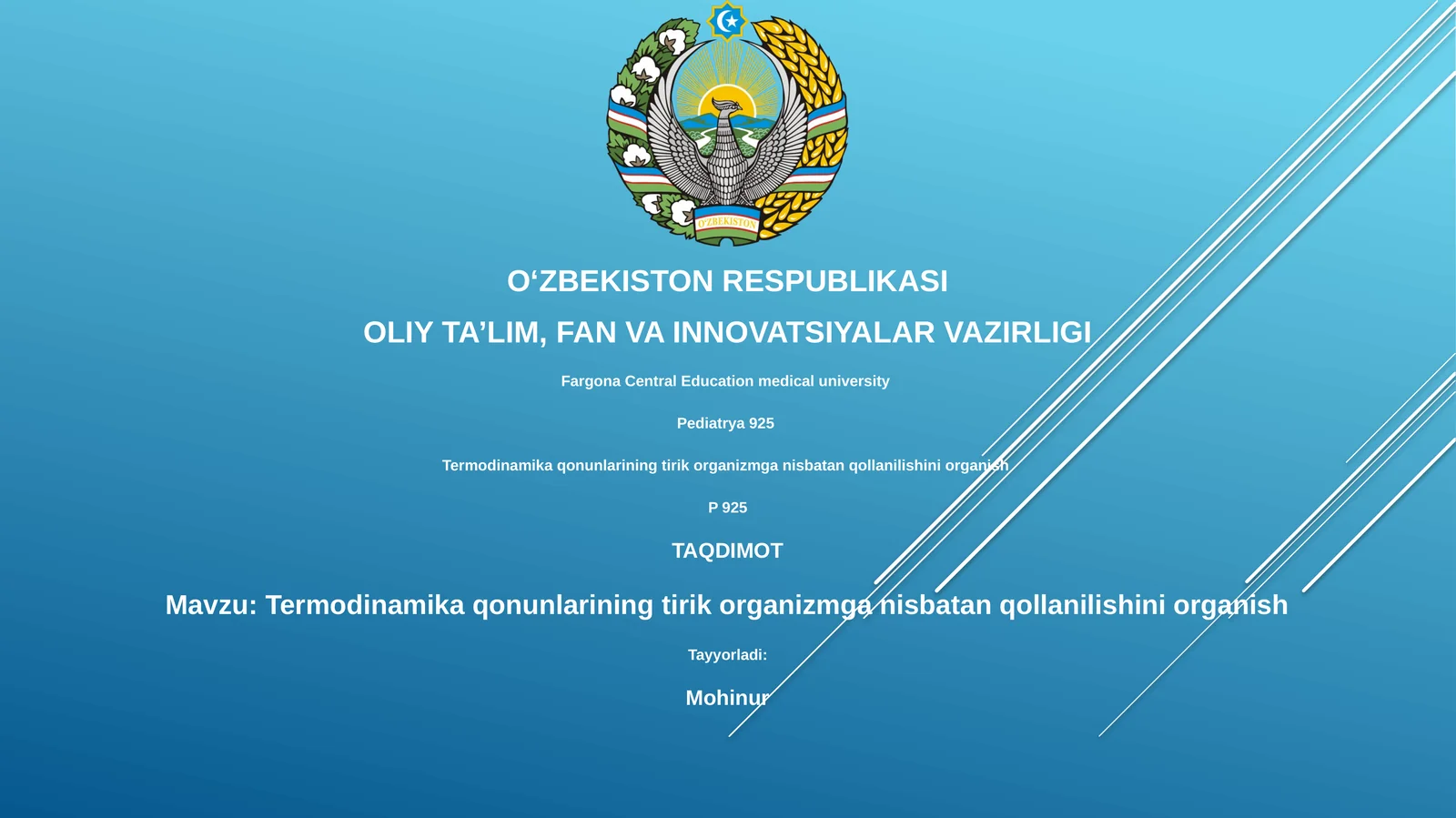 Termodinamika qonunlarining tirik organizmga nisbatan qollanilishini organish