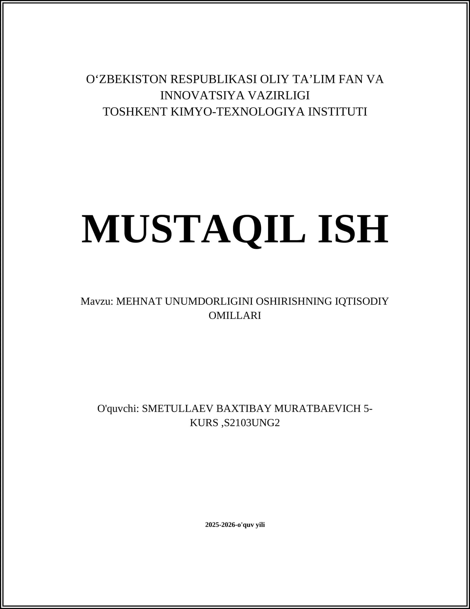 MEHNAT UNUMDORLIGINI OSHIRISHNING IQTISODIY OMILLARI
