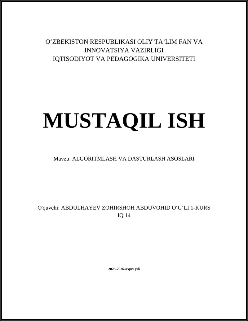 ALGORITMLASH VA DASTURLASH ASOSLARI