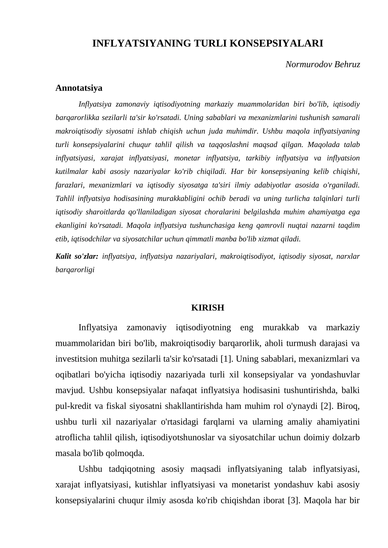 INFLYATSIYANING TURLI KONSEPSIYALARI