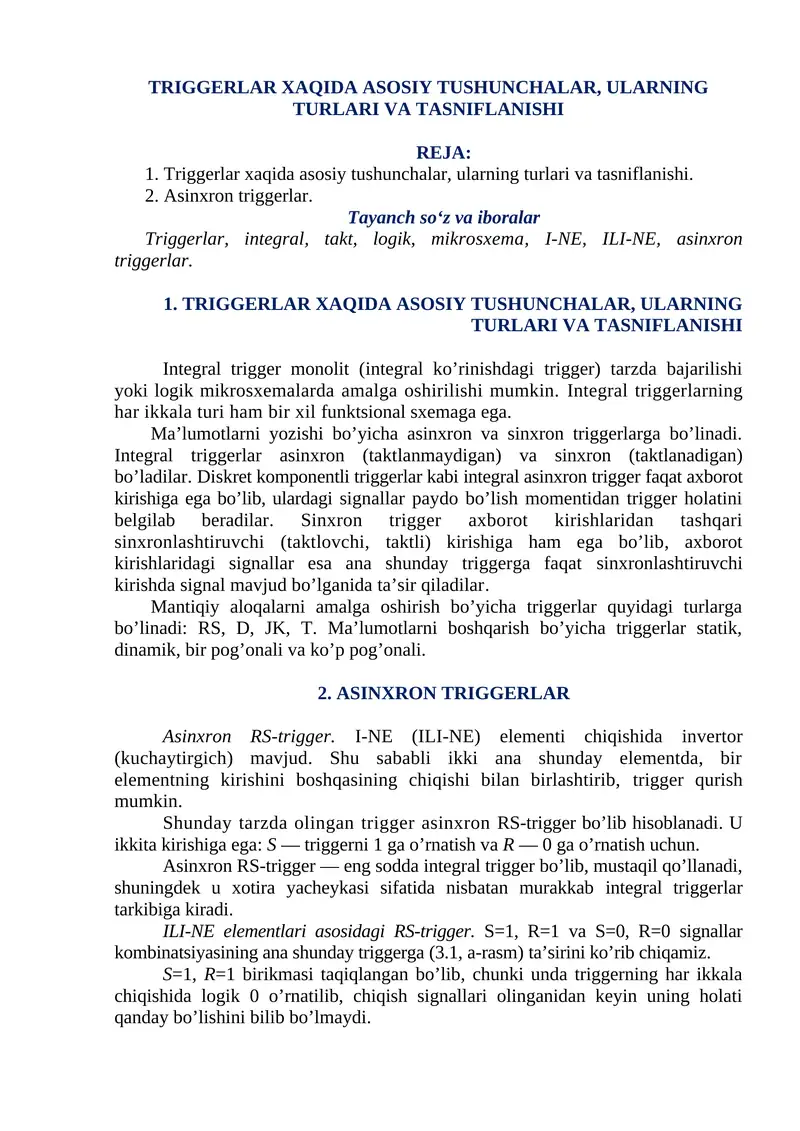TRIGGERLAR XAQIDA ASOSIY TUSHUNCHALAR, ULARNING TURLARI VA TASNIFLANISHI