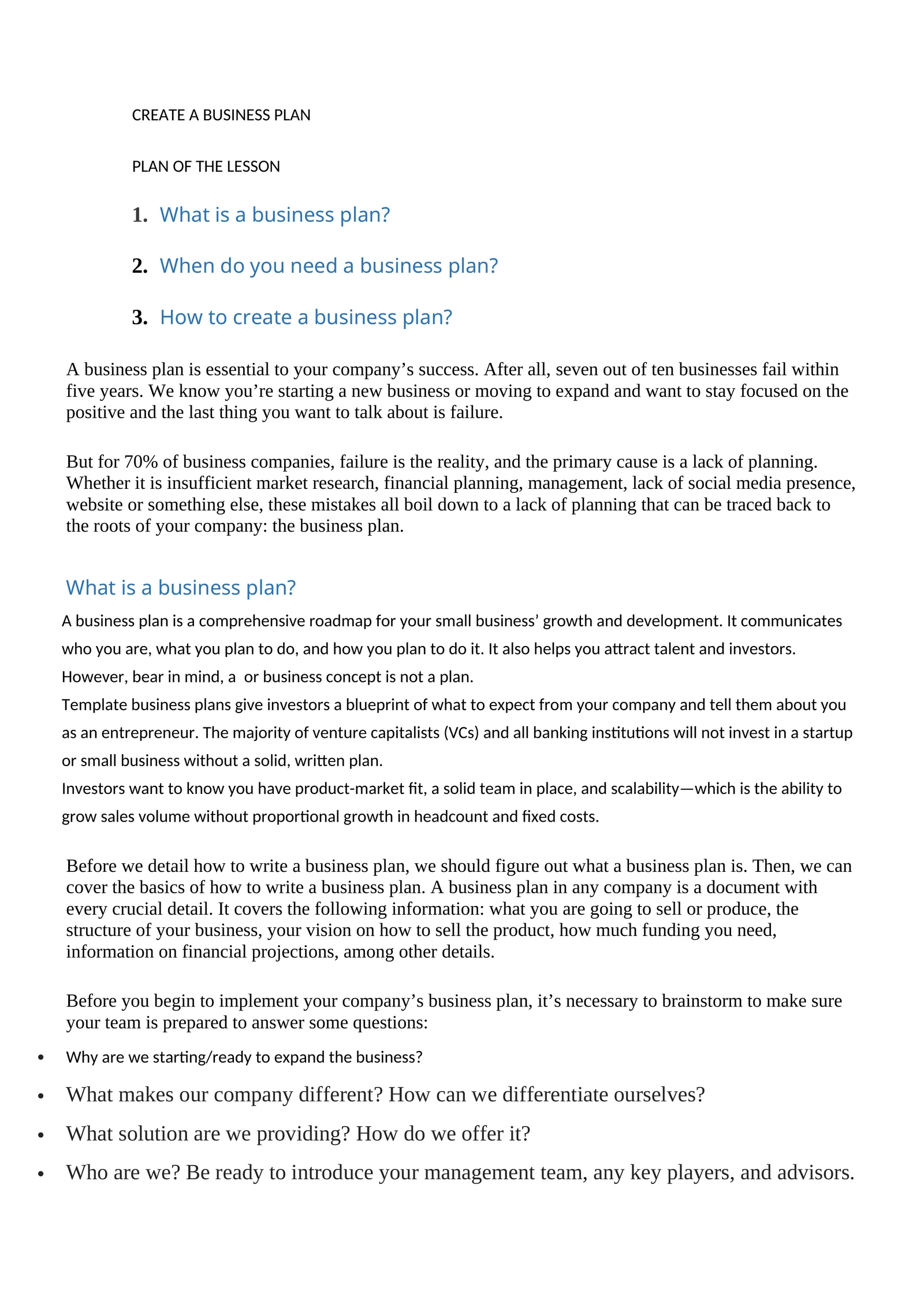 CREATE A BUSINESS PLAN