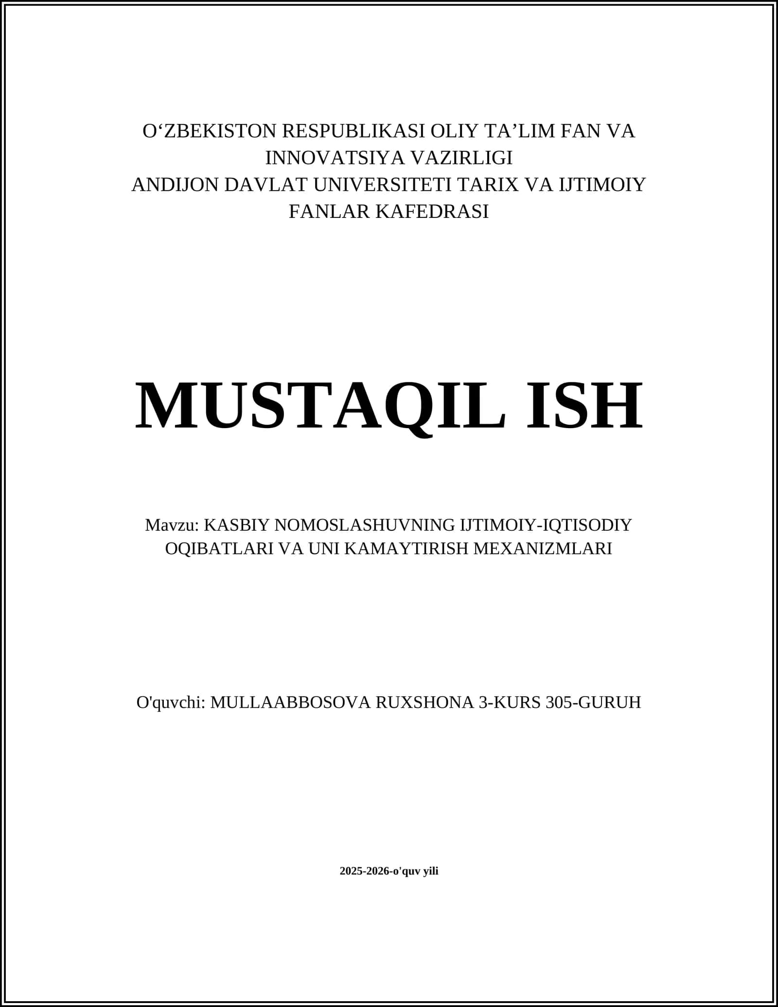 KASBIY NOMOSLASHUVNING IJTIMOIY-IQTISODIY OQIBATLARI VA UNI KAMAYTIRISH MEXANIZMLARI