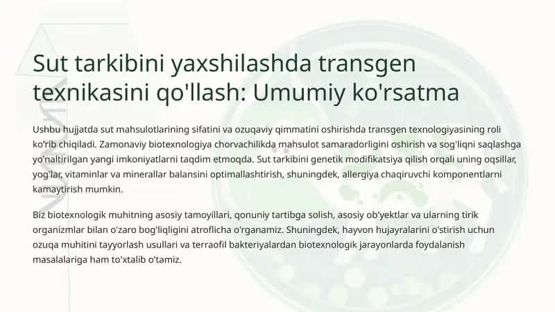 Sut tarkibini yaxshilashda transgen texnikasini qo'llash