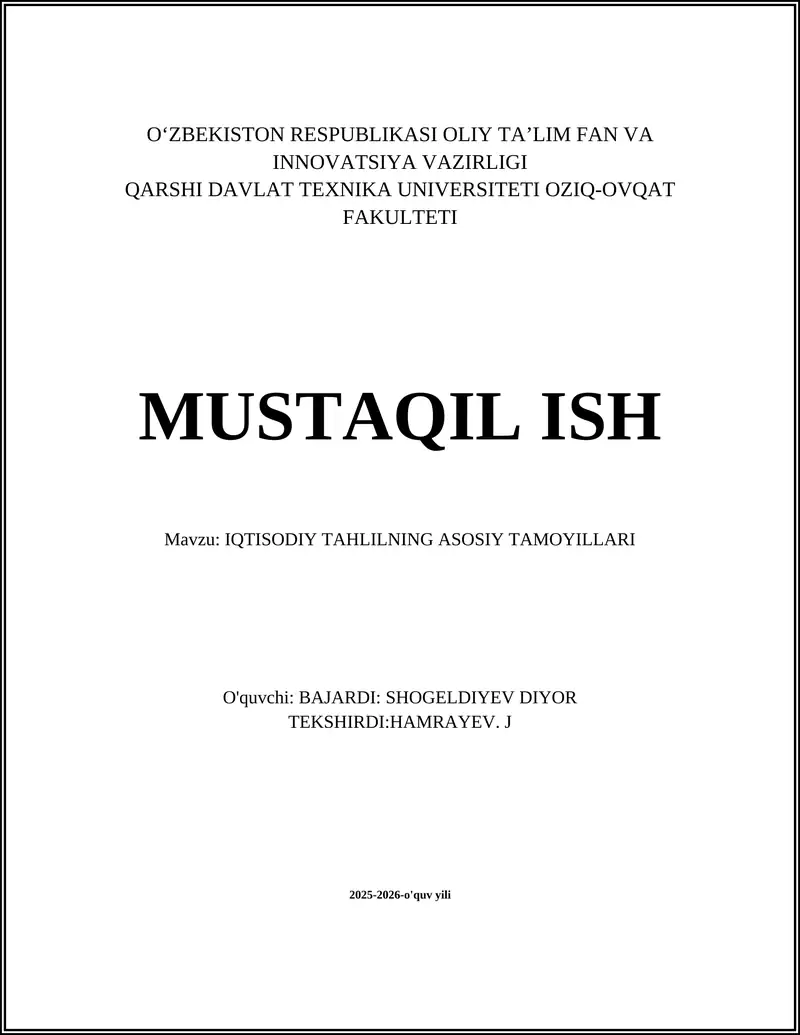 IQTISODIY TAHLILNING ASOSIY TAMOYILLARI