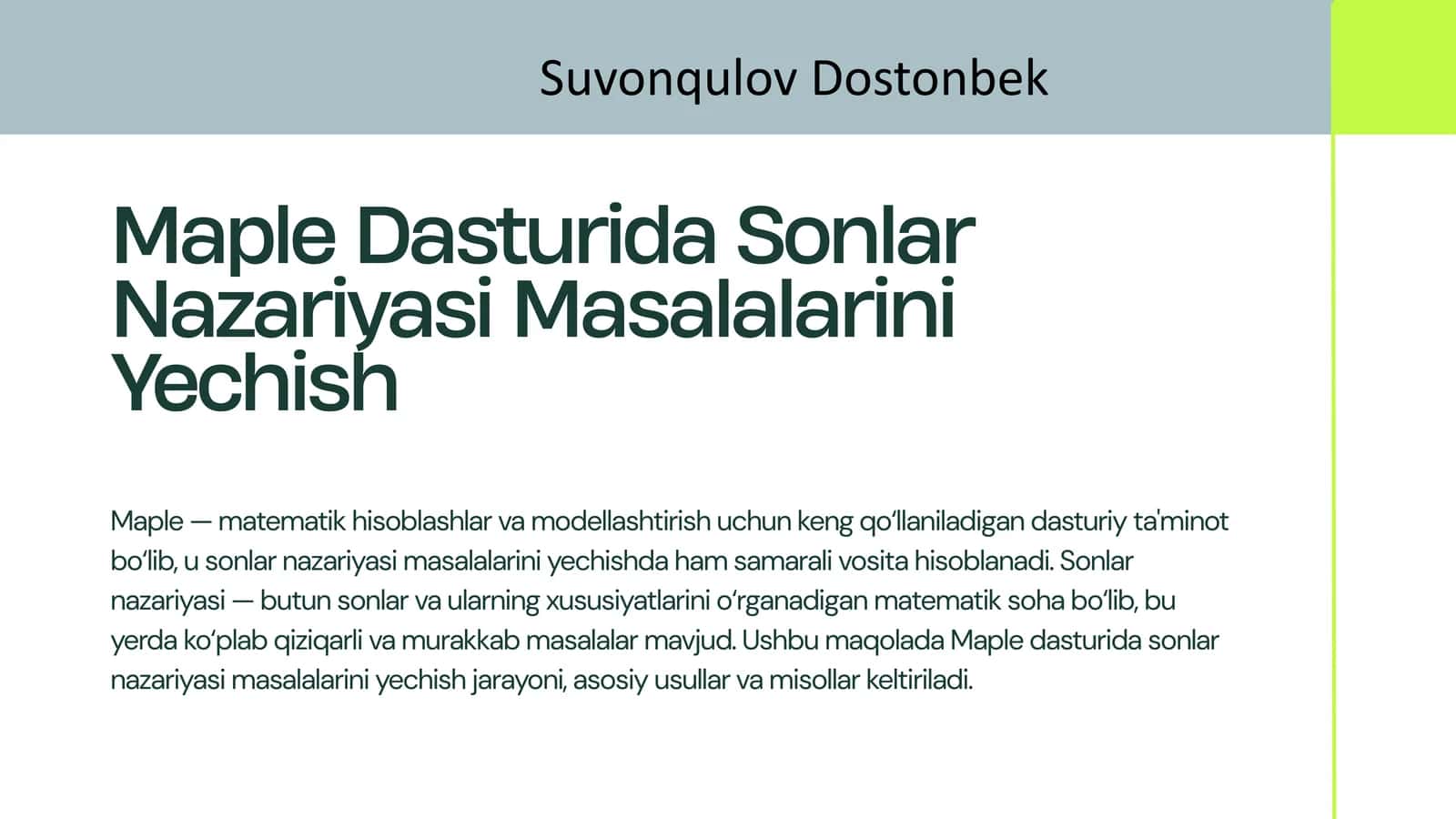 Maple Dasturida Sonlar Nazariyasi Masalalarini Yechish