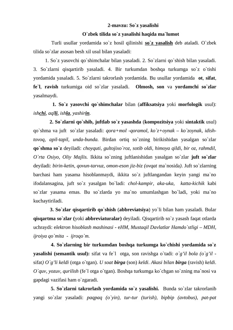 2-mavzu: So`z yasalishi