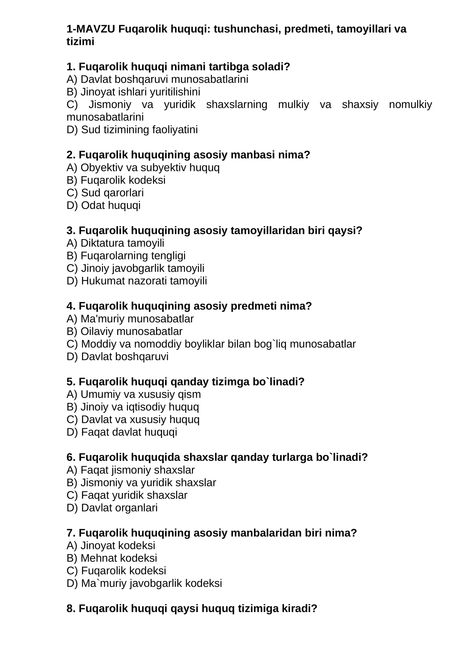 Fuqarolik huquqi: tushunchasi, predmeti, tamoyillari va tizimi
