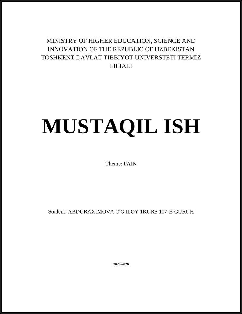 TOSHKENT DAVLAT TIBBIYOT UNIVERSTETI MUSTAQIL ISH