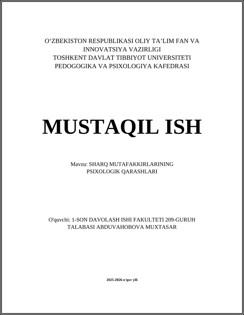 Sharq mutafakkirlarining psixologik qarashlari