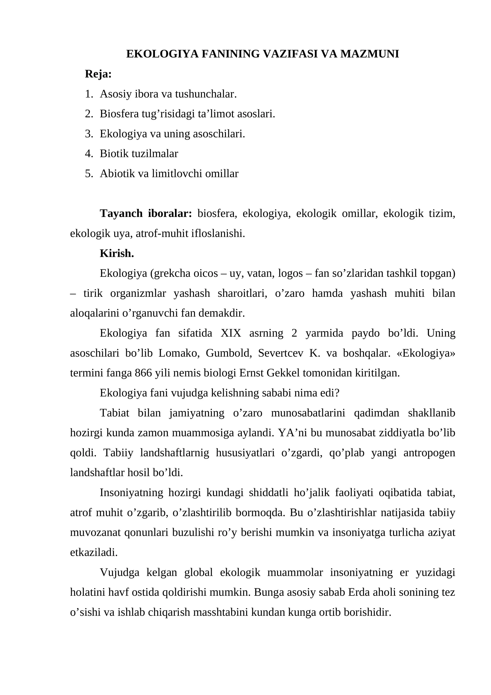 Ekologiya Fanining Vazifasi va Mazmuni