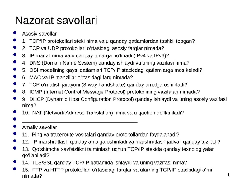 Ilova pog‘onasi ta’rifi. Klient-server va peer to peer modellari, arxitekturalari. Internet ilovalari. Internetdagi DNS xizmati. World Wide Web ta'rifi. HTTP, HTML, URL tushunchalari